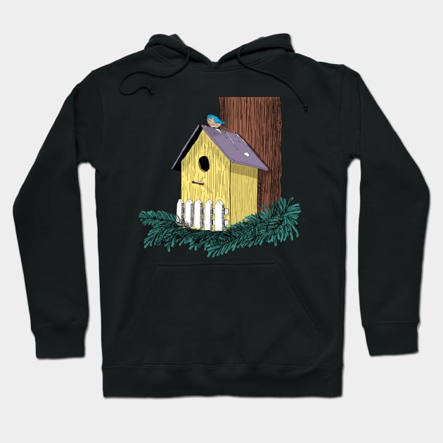 Funny Bluebird on Birdhouse Hoodie by H. R. Sinclair